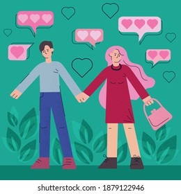 modern flat illustration of a couple in love. vector image of a man and a woman holding hands. the love of two people. valentine's day greeting card.