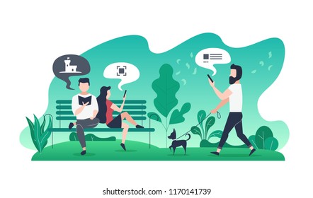 Modern flat illustration with couple on bench in park and guy with dog on walk.