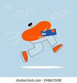 Moderne flache Illustration eines Kuriers mit einer Kiste auf blauem Hintergrund. Er läuft in Turnschuhen, geplagten Hosen und einem orangefarbenen Sweatshirt