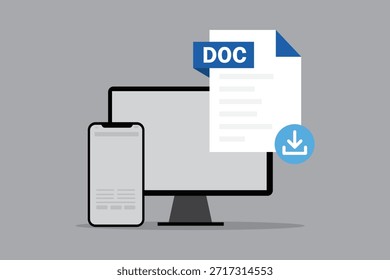 Ilustração plana moderna de download de arquivo de documento DOC no monitor de desktop e smartphone.