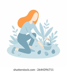 Modern Flat Illustration of Easter Egg Hunt Girl Gathering Eggs