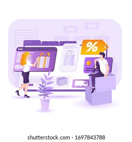 Modern flat illustration for e-commerce concept. Customer woman registers gift card at online shop for more discounts. Big browser with discount, delivery, gifts infographics.