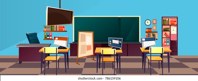 Modern flat illustration. Education background. Empty school classroom. Classroom interior. Meeting room

