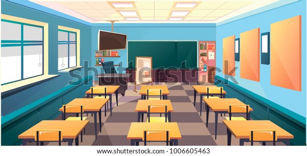 モダンフラットイラスト 教育の背景 空の教室 教室内 会議室 のベクター画像素材 ロイヤリティフリー