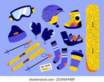 Modern flat illustration featuring Ski and Snowboard equipment, including helmet, goggles, gloves, skis, snowboard, boots, and winter accessories. Perfect for winter sports, gear promotions, or advent