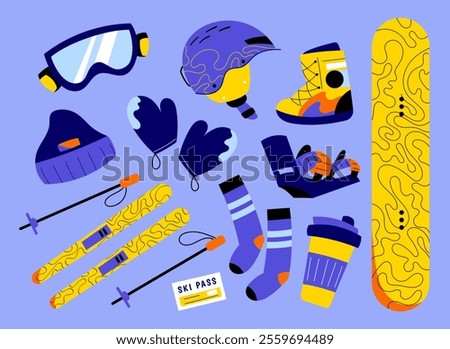 Modern flat illustration featuring Ski and Snowboard equipment, including helmet, goggles, gloves, skis, snowboard, boots, and winter accessories. Perfect for winter sports, gear promotions, or advent
