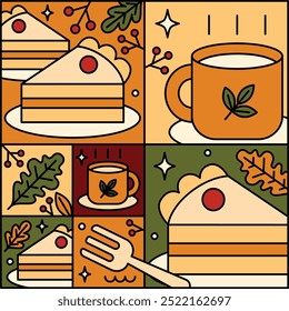 A modern flat illustration featuring slices of cake and coffee cups, surrounded by autumn leaves and branches, creating a warm fall vibe.