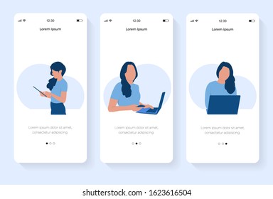 Modern flat illustration of female character working on laptop. Onboarding screens user interface. Menu banner vector template for website and application development.