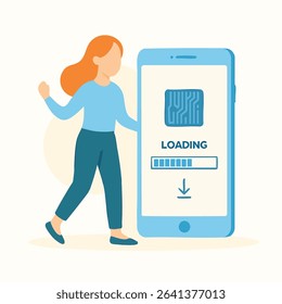 Modern Flat Illustration Female Character Walking Beside Smartphone with Loading Progress Icon