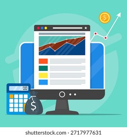 Modern flat illustration of financial analytics dashboard showing revenue growth, business performance, investment tracking, and profit analysis on computer screen with charts and upward trends