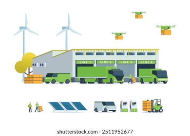 Modern flat Illustration of Green Sustainable Warehouse Building, storage. truck and container. Warehouse Management, Logistic Management. vector illustration