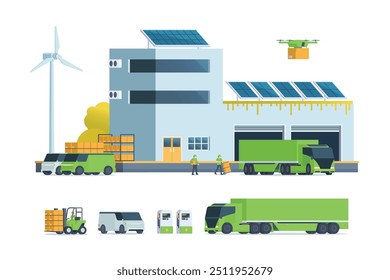 Moderne Wohnung Illustration von Green Sustainable Warehouse Building, Lagerung. Lastkraftwagen und Container. Lagerverwaltung, logistische Verwaltung. Vektorgrafik