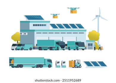 Ilustração plana moderna de Green Sustainable Warehouse Building, armazenamento. caminhão e contêiner. Gerenciamento de Depósito, Gerenciamento Logístico. ilustração de vetor