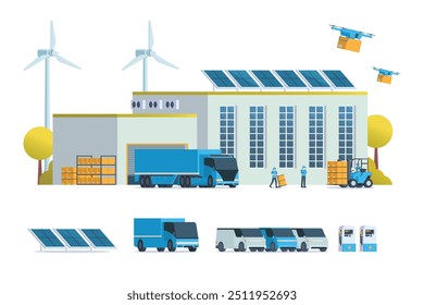 Modern flat Illustration of Green Sustainable Warehouse Building, storage. truck and container. Warehouse Management, Logistic Management. vector illustration