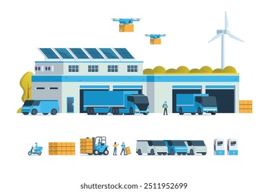 Ilustração plana moderna de Green Sustainable Warehouse Building, armazenamento. caminhão e contêiner. Gerenciamento de Depósito, Gerenciamento Logístico. ilustração de vetor