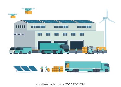 Modern flat Illustration of Green Sustainable Warehouse Building, storage. truck and container. Warehouse Management, Logistic Management. vector illustration