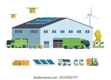 Ilustración plana moderna del edificio sostenible verde del almacén, almacenamiento. camión y contenedor. Gestión de Almacenes, Gestión Logística. Ilustración vectorial