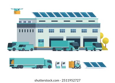 Ilustração plana moderna de Green Sustainable Warehouse Building, armazenamento. caminhão e contêiner. Gerenciamento de Depósito, Gerenciamento Logístico. ilustração de vetor