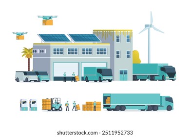 Modern flat Illustration of Green Sustainable Warehouse Building, storage. truck and container. Warehouse Management, Logistic Management. vector illustration