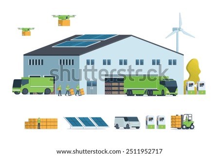 Modern flat Illustration of Green Sustainable Warehouse Building, storage. truck and container. Warehouse Management, Logistic Management. vector illustration