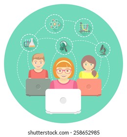 Modern flat illustration of group of kids with laptops and educational icons in a circle. Online education concept. Conceptual banner or emblem