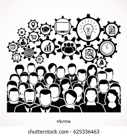 Modern flat illustration of the group of office people in business suits with conceptual icons of marketing, advertising and cooperation. Business collaboration and teamwork concept