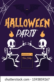Modern and flat illustration Halloween free party poster. The layout is a composition of  2 skeletons seating around vintage music speaker, a mean party title and a flying bat.