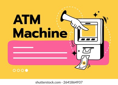 Modern, flat illustration: Hand withdrawing cash from an ATM. Perfect for banking, finance, and money transaction content. Visually engaging and easily understood for websites, articles, presentations