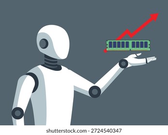 Ilustración plana moderna de un robot humanoide de IA que presenta la memoria RAM de la computadora con un gráfico de flecha roja ascendente