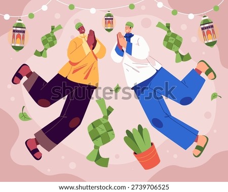 Modern flat illustration of Islamic men greeting and celebrating Ramadan and Eid al-Fitr. Muslim friendship scene with ketupat decorations, lanterns, and festive Islamic holiday atmosphere