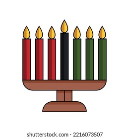 Modern flat illustration of Kwanzaa kinara with shadows, outline - candle holder menorah with seven candles. Vector isolated on white background. Trendy Kwanza clipart.