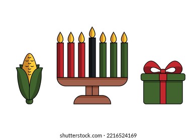 Modern flat illustration of Kwanzaa Kinara candle holder with shadows, outline, seven candles, corn - Muhindi, gift box - Zawadi. Vector isolated on white background. Trendy African heritage clipart