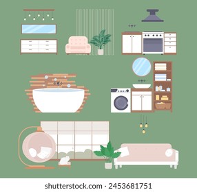 Modern flat illustration with living room interior in white pink colors. House interior for design
