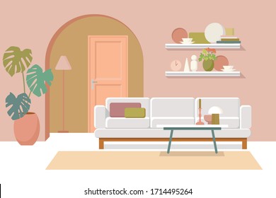 Modern flat illustration with livingroom interior in pastel pink colors, light background for concept design. Living room interior. Modern home decor. Home decoration. Background interior.