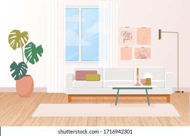 Modern flat illustration with livingroom interior in pastel pink colors, light background for concept design. Living room interior. Modern home decor. Home decoration. Background interior. - Shutterstock ID 1716942301
