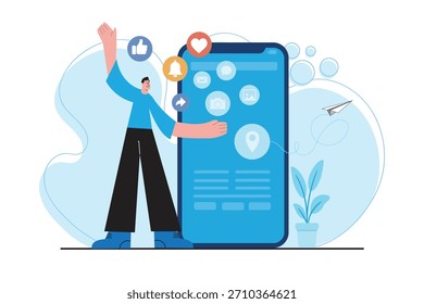 Modern flat illustration of a man interacting with a mobile app interface featuring social media icons, notifications, and digital communication elements.