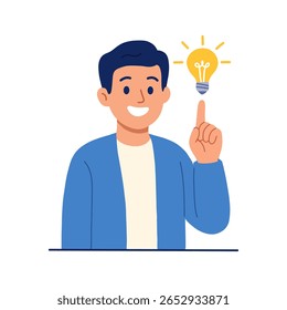 Eine moderne flache Illustration eines Mannes mit Glühbirne über dem Kopf, die symbolisiert, eine Idee oder Lösung zu haben. Der Charakter ist einfach und sauber, geeignet für verschiedene geschäftliche oder kreative Projekte.