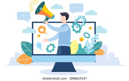 Modern flat illustration. A man with a megaphone on TV. Advertising promotion. Drawing attention. The man speaks into a megaphone.