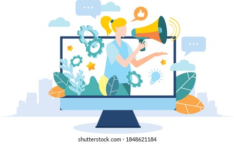 Modern flat illustration. A man with a megaphone on TV. Advertising promotion. Drawing attention. A woman speaks into a megaphone.