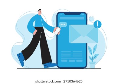 Ilustración plana moderna de un hombre que recibe notificaciones importantes por correo electrónico en una interfaz de App móvil, que representa las alertas de mensajes y la comunicación digital.