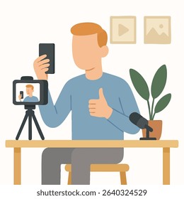 Modern Flat Illustration of a Man Recording a Blog and Content Creator
