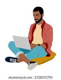 Ilustração plana moderna de um homem sentado de pernas cruzadas em uma almofada trabalhando em um laptop, ideal para trabalho remoto, freelance e conceitos de estilo de vida digital. Vetor isolado no fundo branco