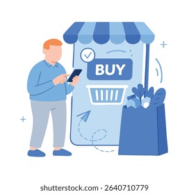 Modern Flat Illustration Man Using Smartphone to Buy Online Digital Marketing Concept