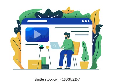 Moderna ilustración plana del hombre trabajando solo en casa. Concepto de espacio de trabajo con el concepto de plantas planas. Idea de encabezado de sitio web vectorial escalable.