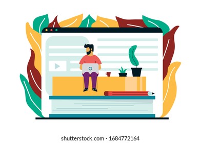 Modern flat illustration of a man working at home on laptop with books and plants. Header website inspiration.