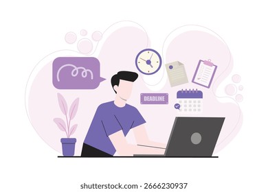 Ilustração plana moderna de um homem trabalhando em um notebook com ícones de prazo, simbolizando o gerenciamento de tempo, o planejamento do projeto e a produtividade.