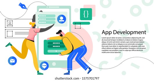 Moderne flache Illustration für die Entwicklung mobiler App. Das Konzept von Mensch und Frau für Design und Programmierung von Technologien mit Smartphone. Vektorillustration. Reffermarketing-Strategie-Banner, Startseite-Muster