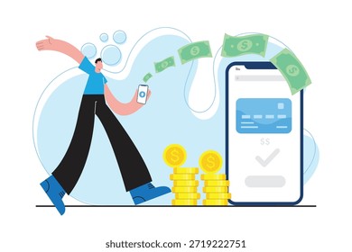 Ilustración plana moderna de pago móvil con teléfono inteligente que muestra el flujo de efectivo del App de banca digital y el concepto de transacción en línea exitosa para sistemas de pago fintech y electrónicos