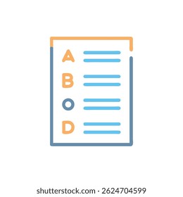 Modern flat illustration of a multiple choice test with questions and answers options, against a stark White Background.