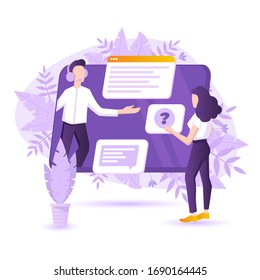 Modern flat illustration of online support concept. Male helpline operator with headset consulting a woman client. Online global tech support 24-7. Operator and customer.
